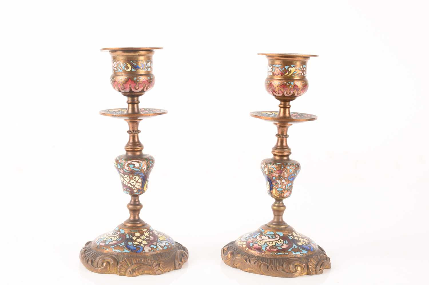 A late 19th-century French champléve enamel mantle clock with matching candlesticks, clock measures  - Image 12 of 16