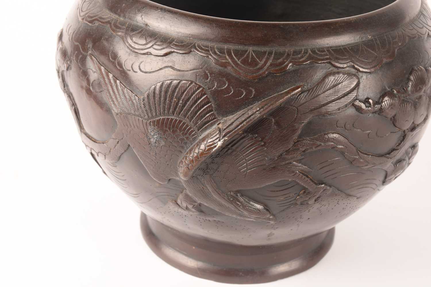 Saikyo Yoshida, A Japanese patinated bronze jardiniere of heavy baluster form, with sea eagles, finc - Image 2 of 8