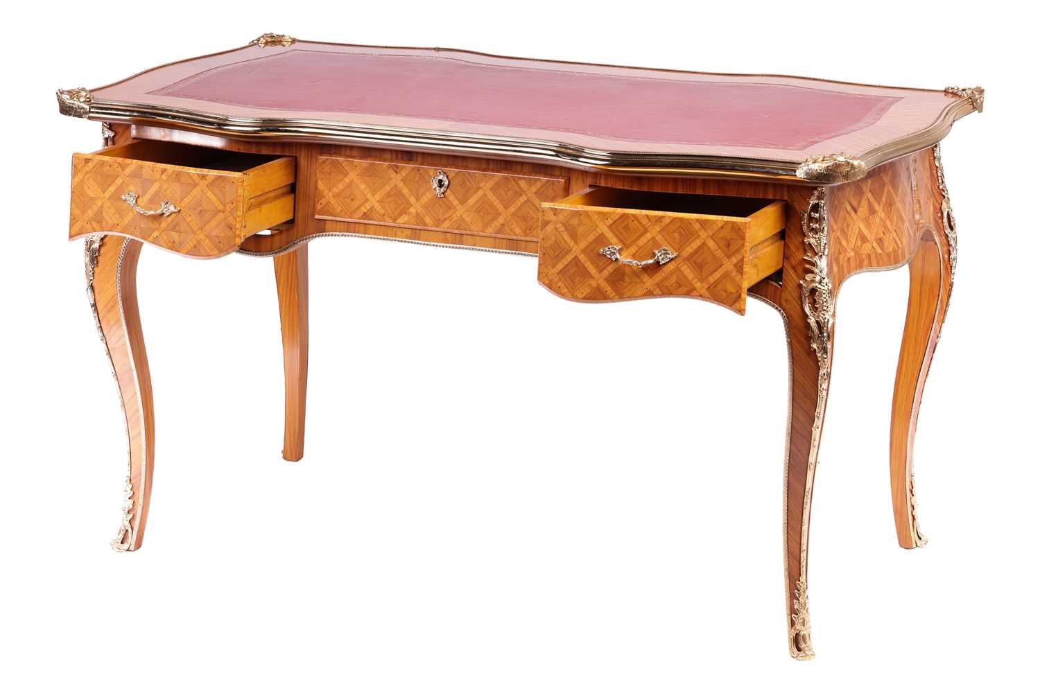 A 20th century Louis XV style cartouche topped bureau plat with tooled leather insert, gilt metal mo - Image 2 of 30