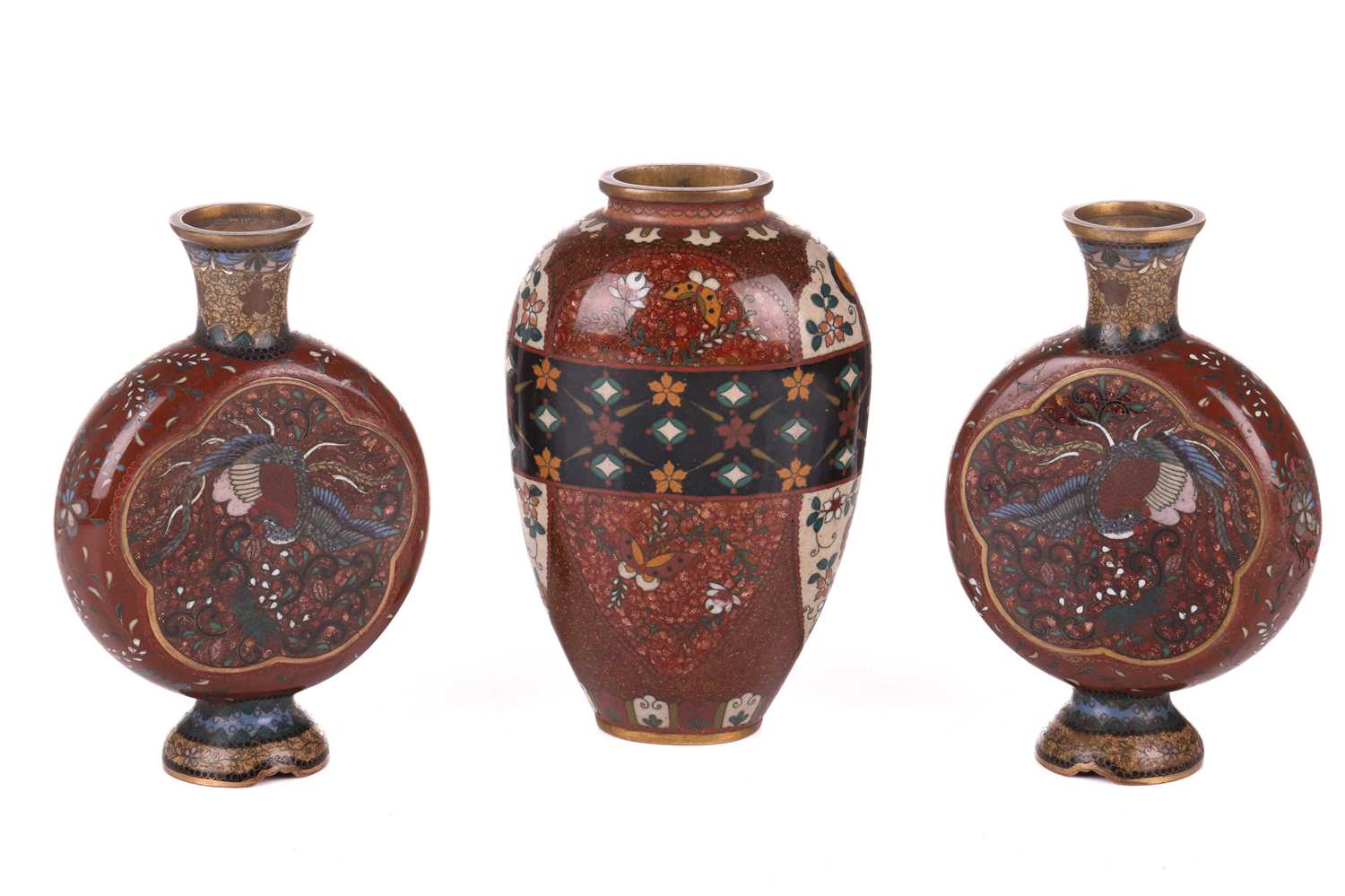 A Chinese aventurine enamel cloisonne garniture, early 20th century, decorated with aesthetic-influe