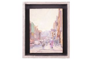 Nick Botting (1963-2005), Street scene, signed, oil on panel, image 23.5 cm x 17 cm, framed 29 cm