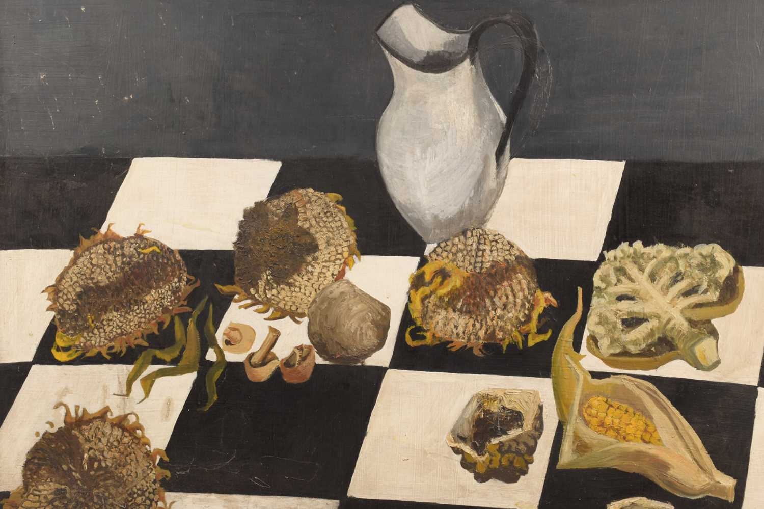 M.J. Bunzl (20th century), Still life with sunflower heads and vegetables, signed verso, oil on boar - Image 2 of 4