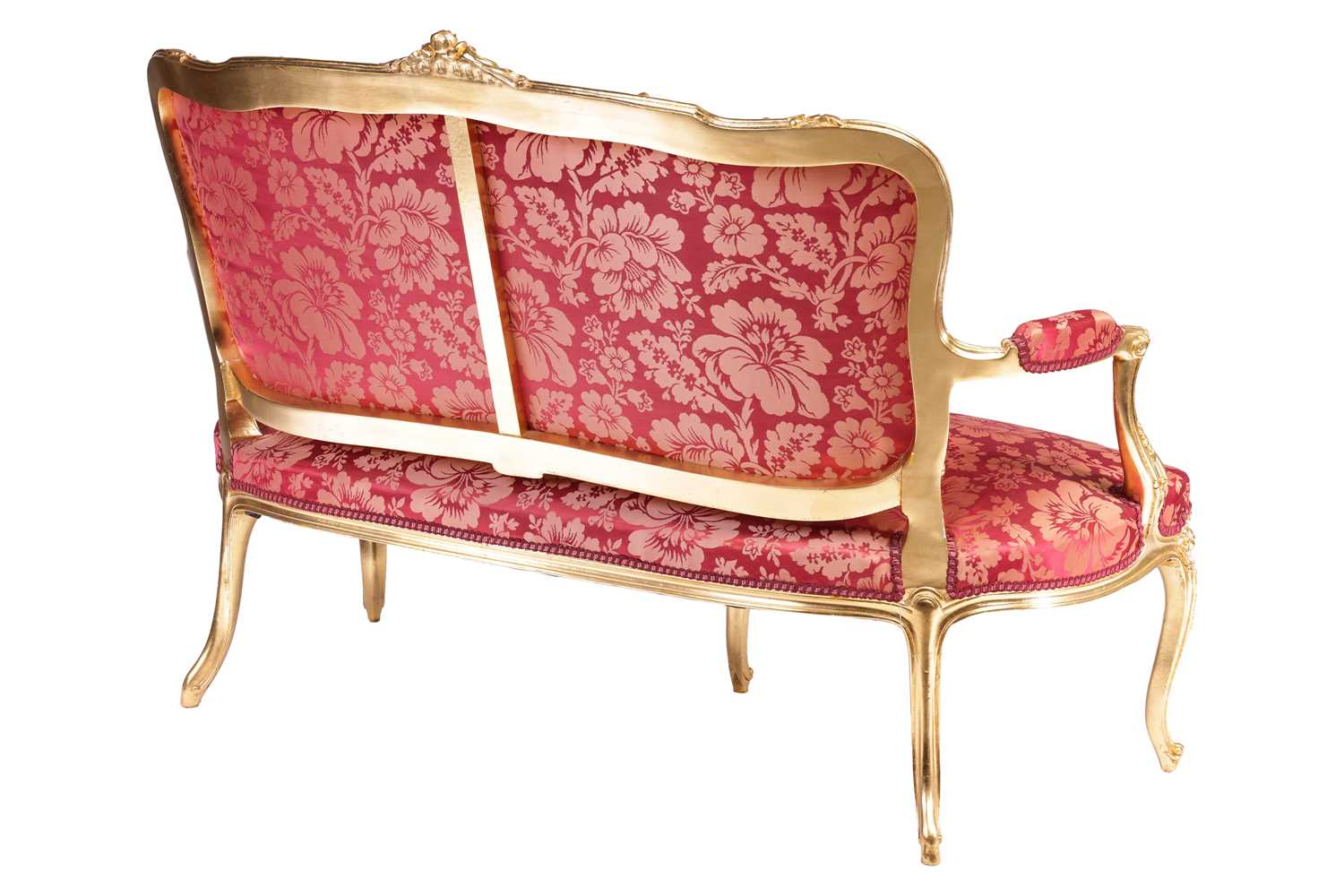 A 20th century Louis XV-style canape settee, with carved and molded wood and gilt gesso outline, stu - Image 3 of 5