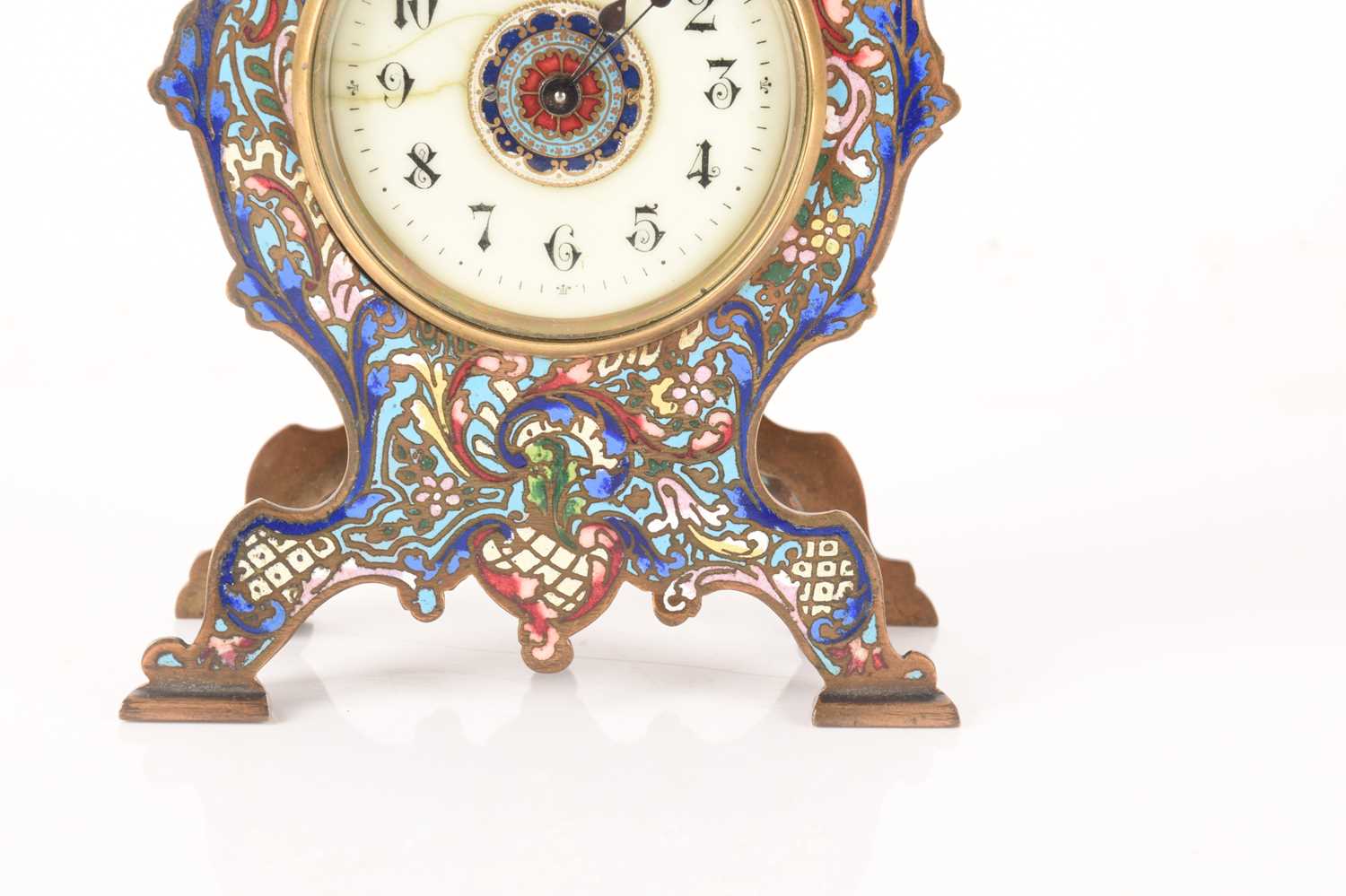 A late 19th-century French champléve enamel mantle clock with matching candlesticks, clock measures  - Image 4 of 16