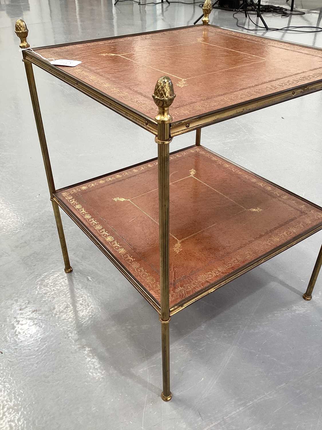 A pair of French mid-century étagères, two-tiered with tooled leather tops and fluted brass uprights - Image 19 of 23