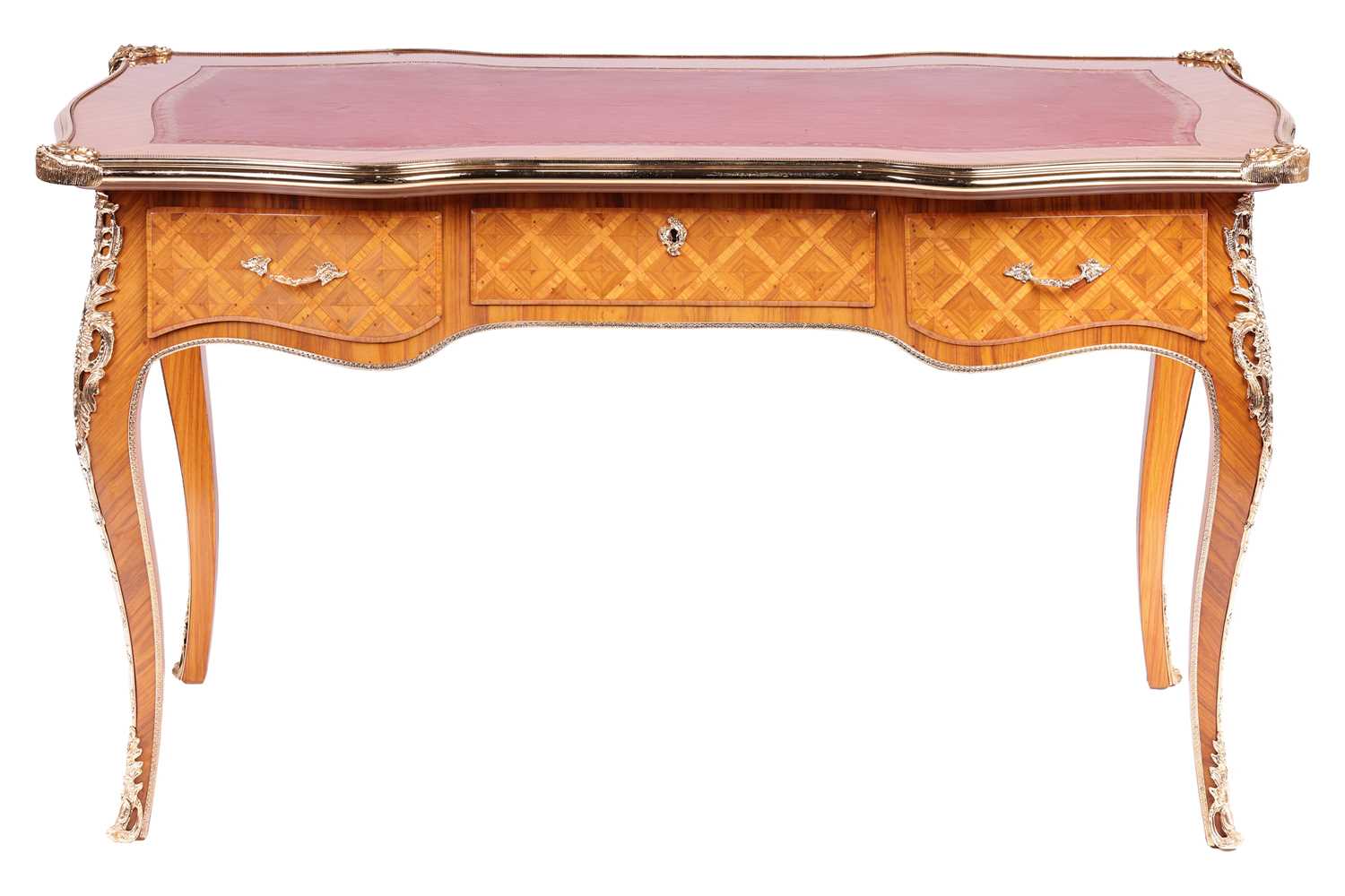 A 20th century Louis XV style cartouche topped bureau plat with tooled leather insert, gilt metal mo - Image 3 of 30