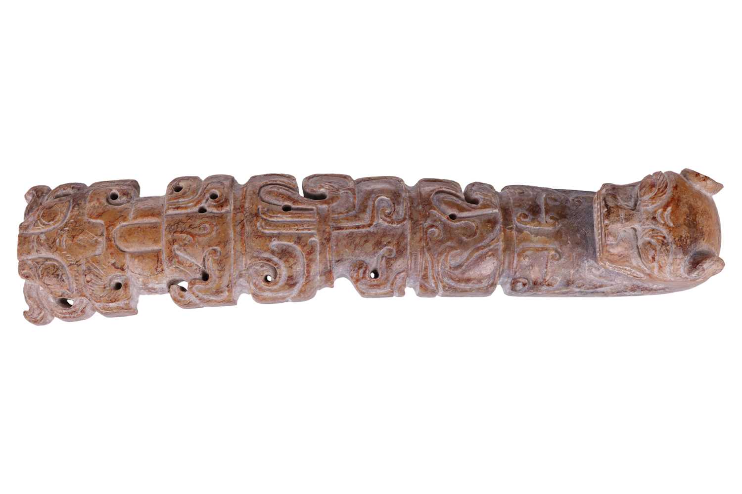 A large Chinese archaistic carved buff jade belt hook, considered to be pre-Tang Dynasty (see receip - Image 4 of 7