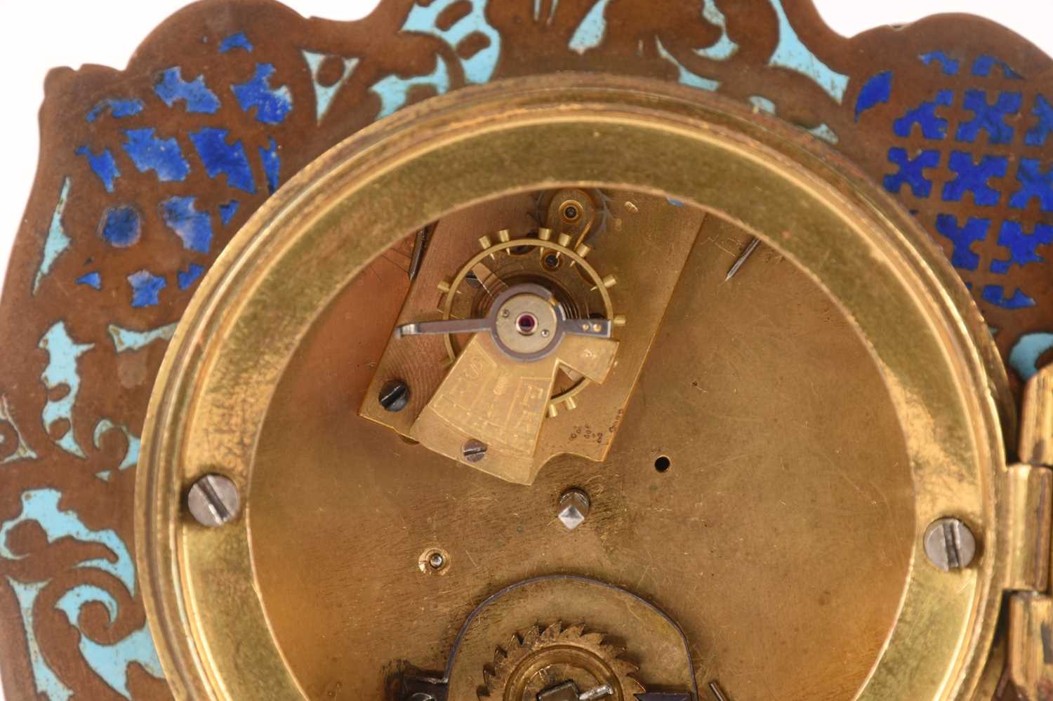 A late 19th-century French champléve enamel mantle clock with matching candlesticks, clock measures  - Image 8 of 16