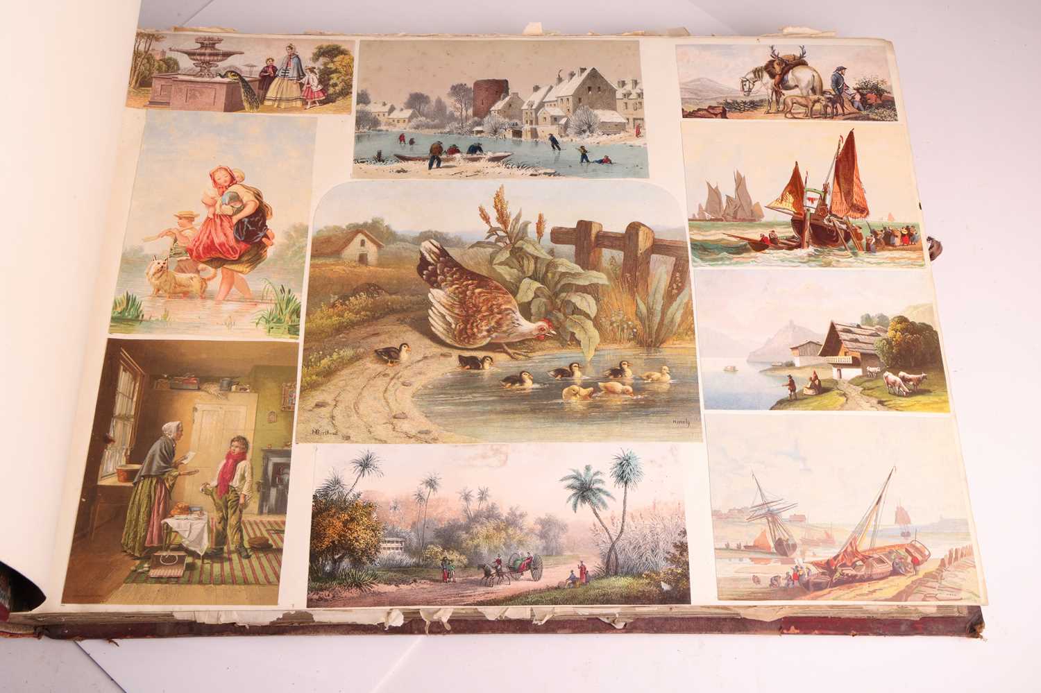 A large 19th-century leather-bound scrap album, gilt-tooled spine, containing numerous colour prints - Image 4 of 9