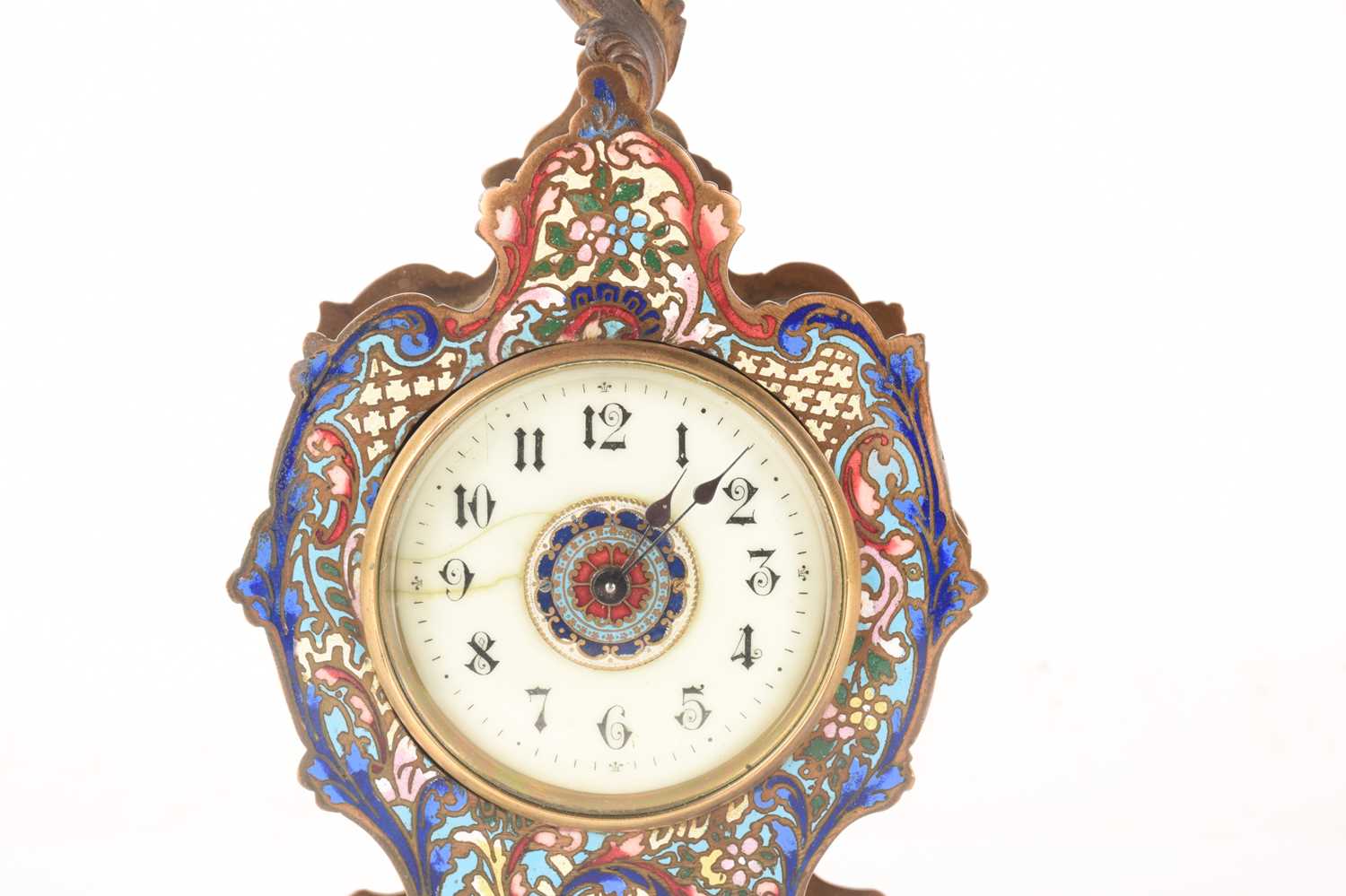 A late 19th-century French champléve enamel mantle clock with matching candlesticks, clock measures  - Image 2 of 16