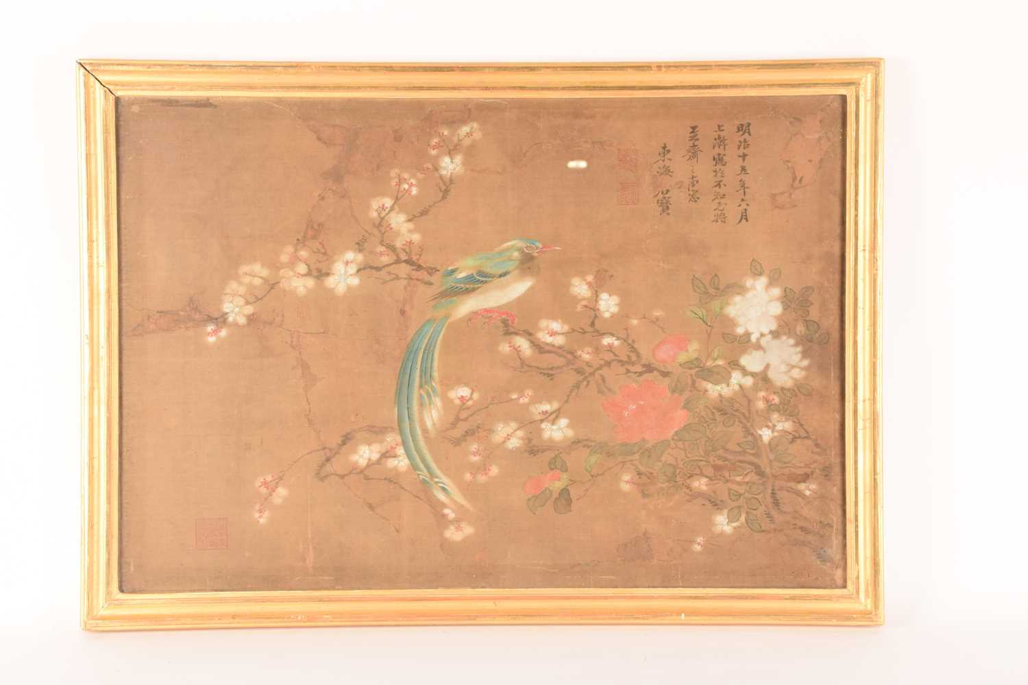 A pair of Chinese silkscreen paintings depicting similar 55.5 78.5 scenes of birds playing amongst s - Image 2 of 9