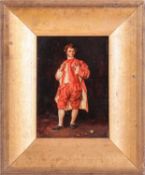 18th century British School, Portrait of a young Newton with apple, oil on board, 16 cm x 12 cm, fra