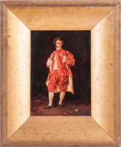 18th century British School, Portrait of a young Newton with apple, oil on board, 16 cm x 12 cm, fra