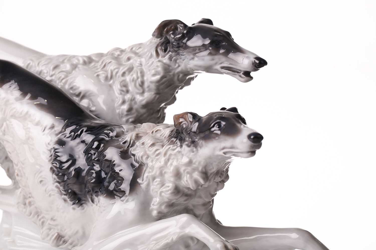 A Rosenthal porcelain figure of two Borzoi Wolfhounds racing, on an oval base, 61cm longWould benefi - Image 2 of 17