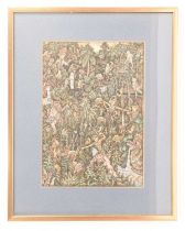 20th-century Balinese school, Batuan, gouache with multiple figures and animals amongst trees,