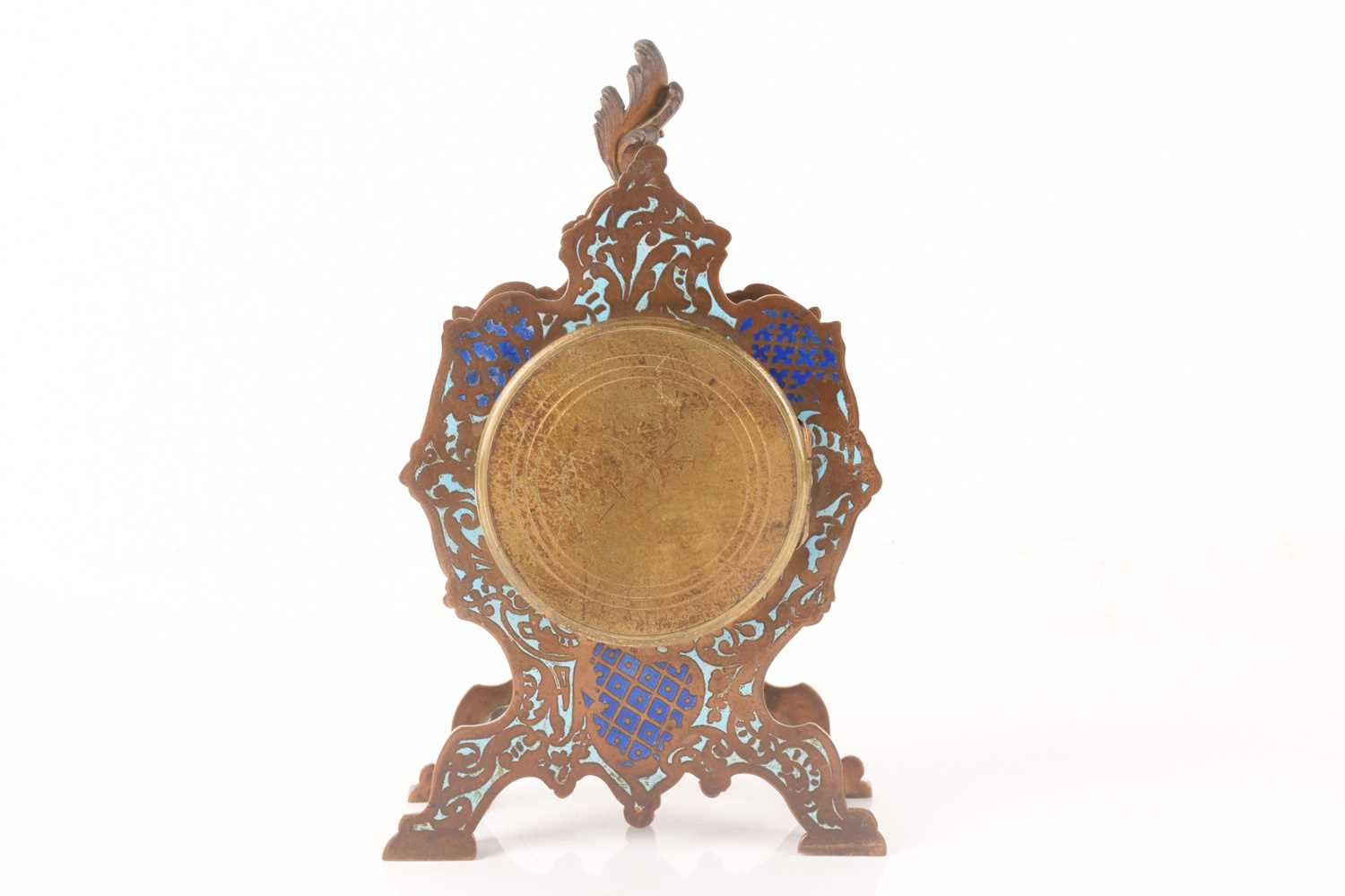 A late 19th-century French champléve enamel mantle clock with matching candlesticks, clock measures  - Image 6 of 16