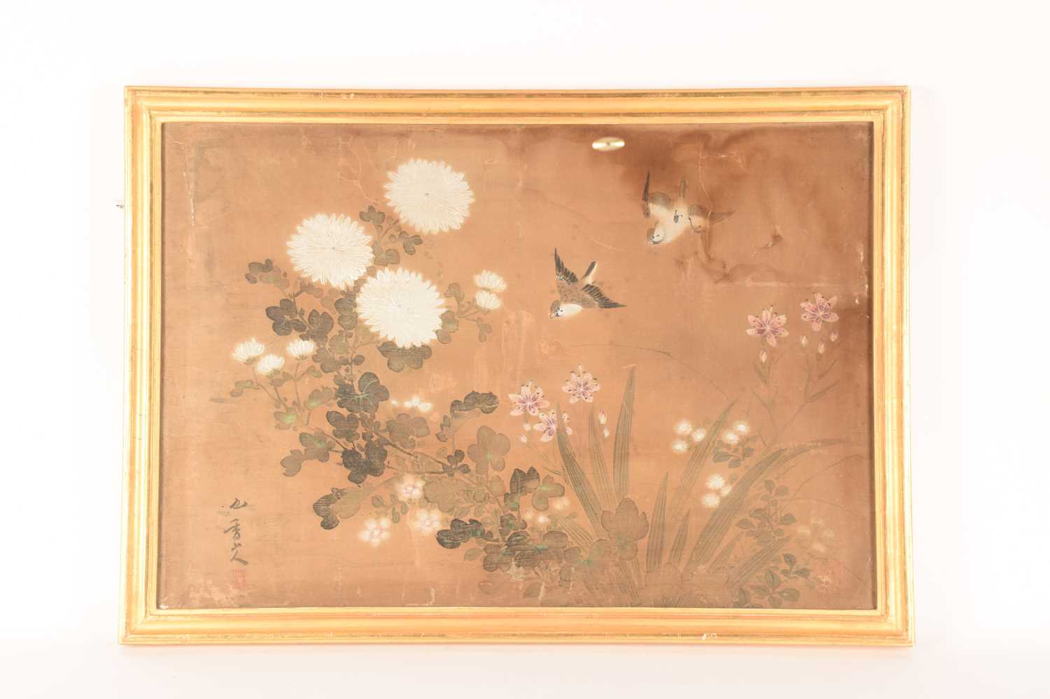 A pair of Chinese silkscreen paintings depicting similar 55.5 78.5 scenes of birds playing amongst s - Image 6 of 9
