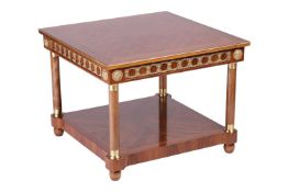 A 20th-century square Louis XVI style parquetry topped side table, with gilt metal mounts throughout