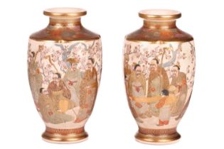 A pair of Japanese Satsuma pottery inverted baluster vases, Meiji period, late 19th century painted 