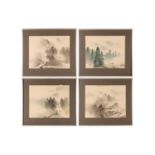 Hakuun Takasu (?) Japanese, a group of four silk pictures depicting misted mountain scenes, ink on s