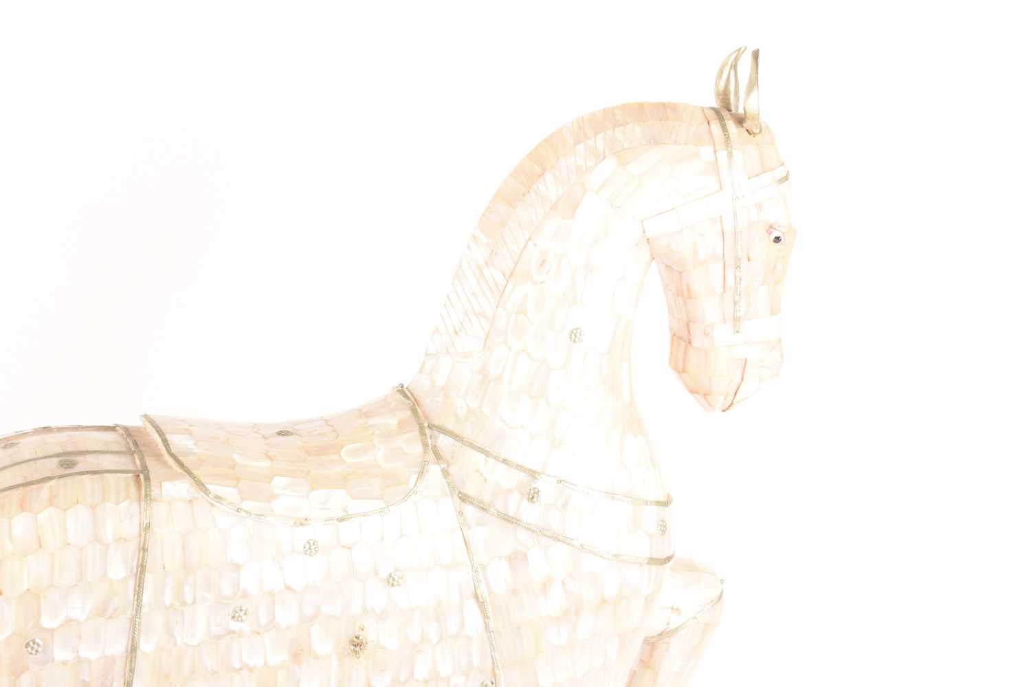 A large sculpture of a horse inlaid with mother-of-pearl, measures 64 cm highWear to decoration, chi - Image 7 of 9