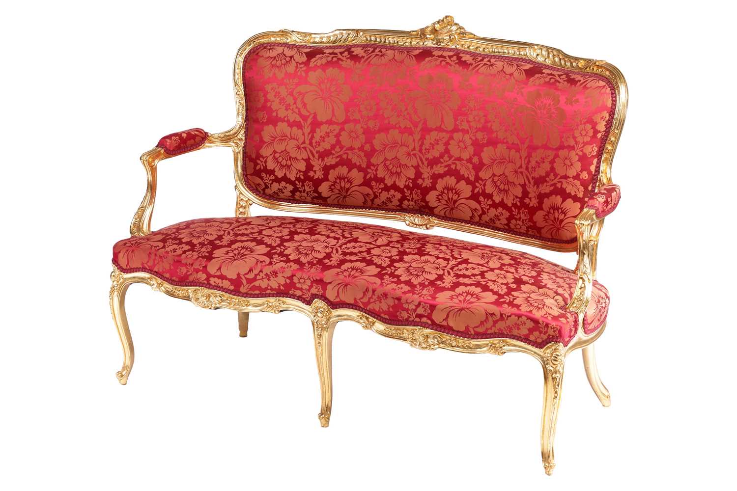 A 20th century Louis XV-style canape settee, with carved and molded wood and gilt gesso outline, stu - Image 2 of 5