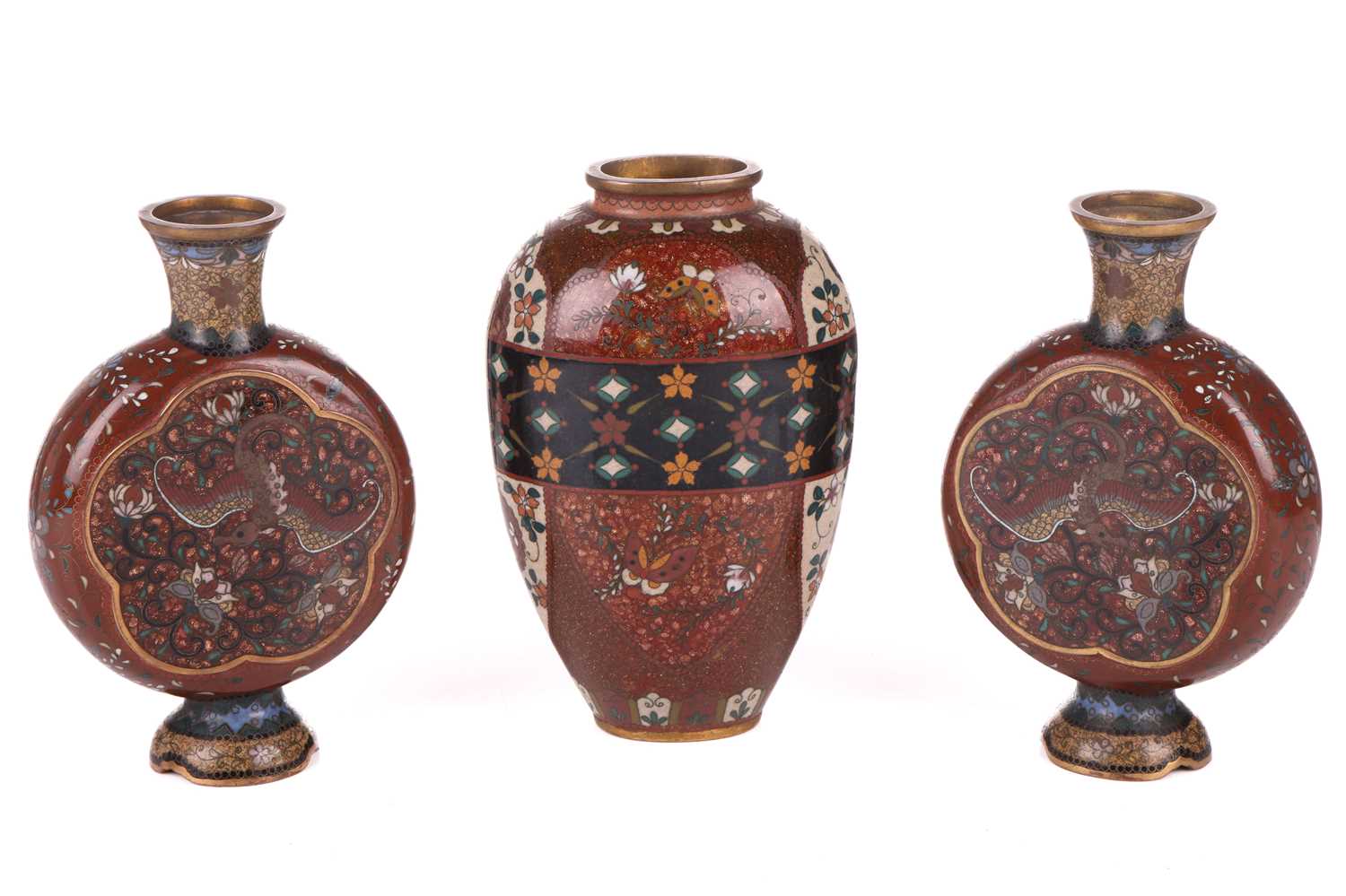 A Chinese aventurine enamel cloisonne garniture, early 20th century, decorated with aesthetic-influe - Image 2 of 8