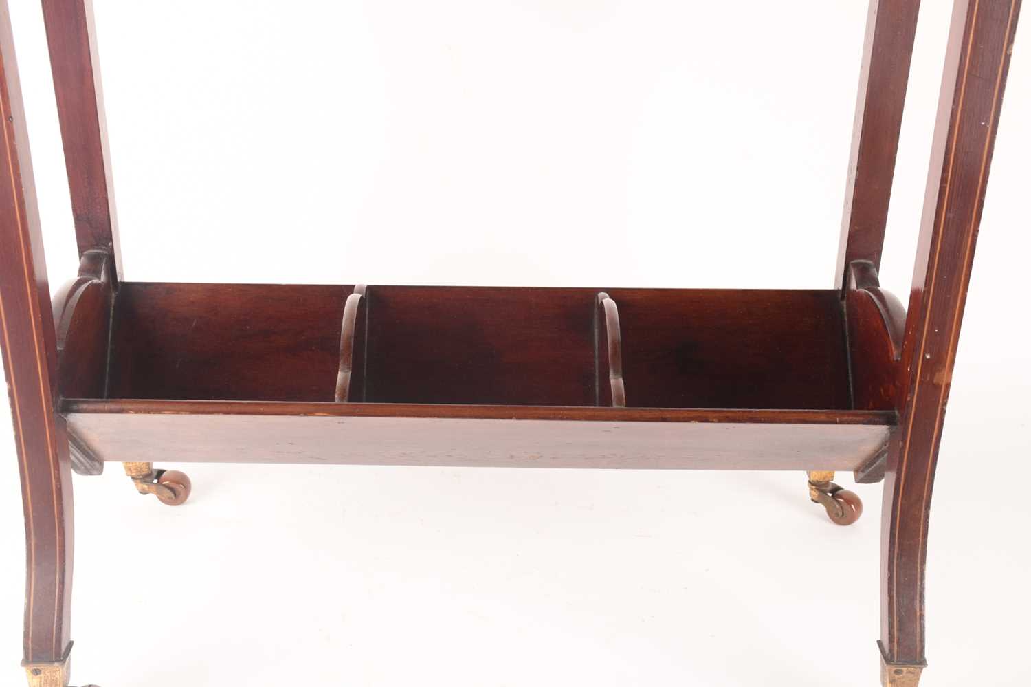 An Edwardian inlaid mahogany three-shelved book trough supported on splayed feet with brass cap cast - Image 9 of 11