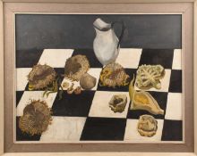 M.J. Bunzl (20th century), Still life with sunflower heads and vegetables, signed verso, oil on boar