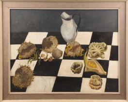 M.J. Bunzl (20th century), Still life with sunflower heads and vegetables, signed verso, oil on boar