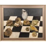 M.J. Bunzl (20th century), Still life with sunflower heads and vegetables, signed verso, oil on boar