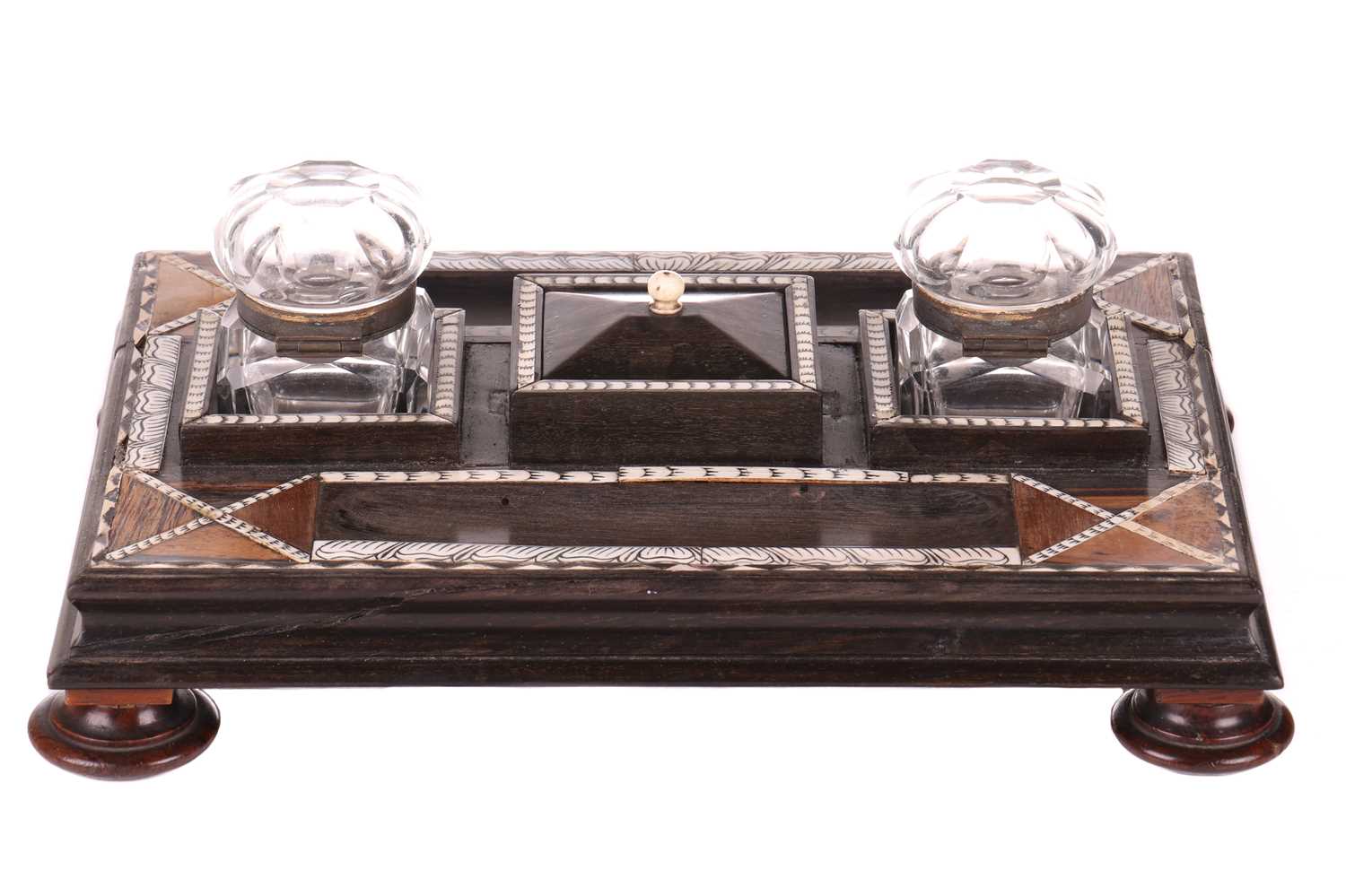 A Ceylonese ebony desk stand with calamander, coconut palm, and rosewood parquetry within pen-worked - Image 4 of 17