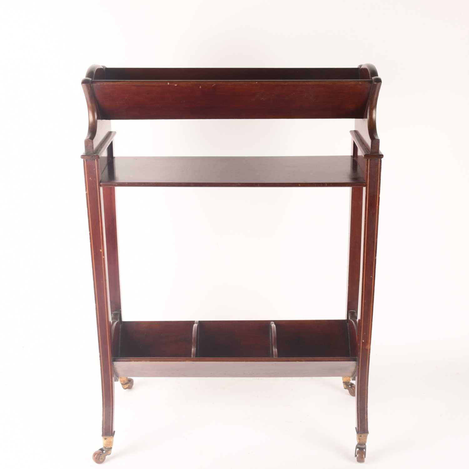 An Edwardian inlaid mahogany three-shelved book trough supported on splayed feet with brass cap cast - Image 2 of 11