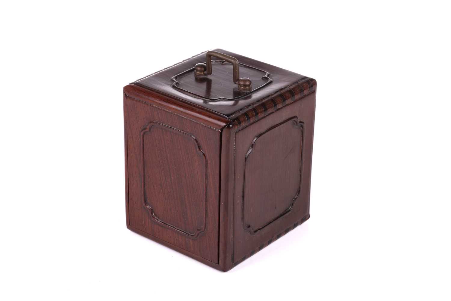 A Chinese HuangHuali tabletop scholar's box, with a folding bale handle, 20th century, the front wit - Image 2 of 13
