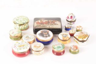 A collection of enamel trinket boxes from a variety of makers and Russian lacquer box with a troika 