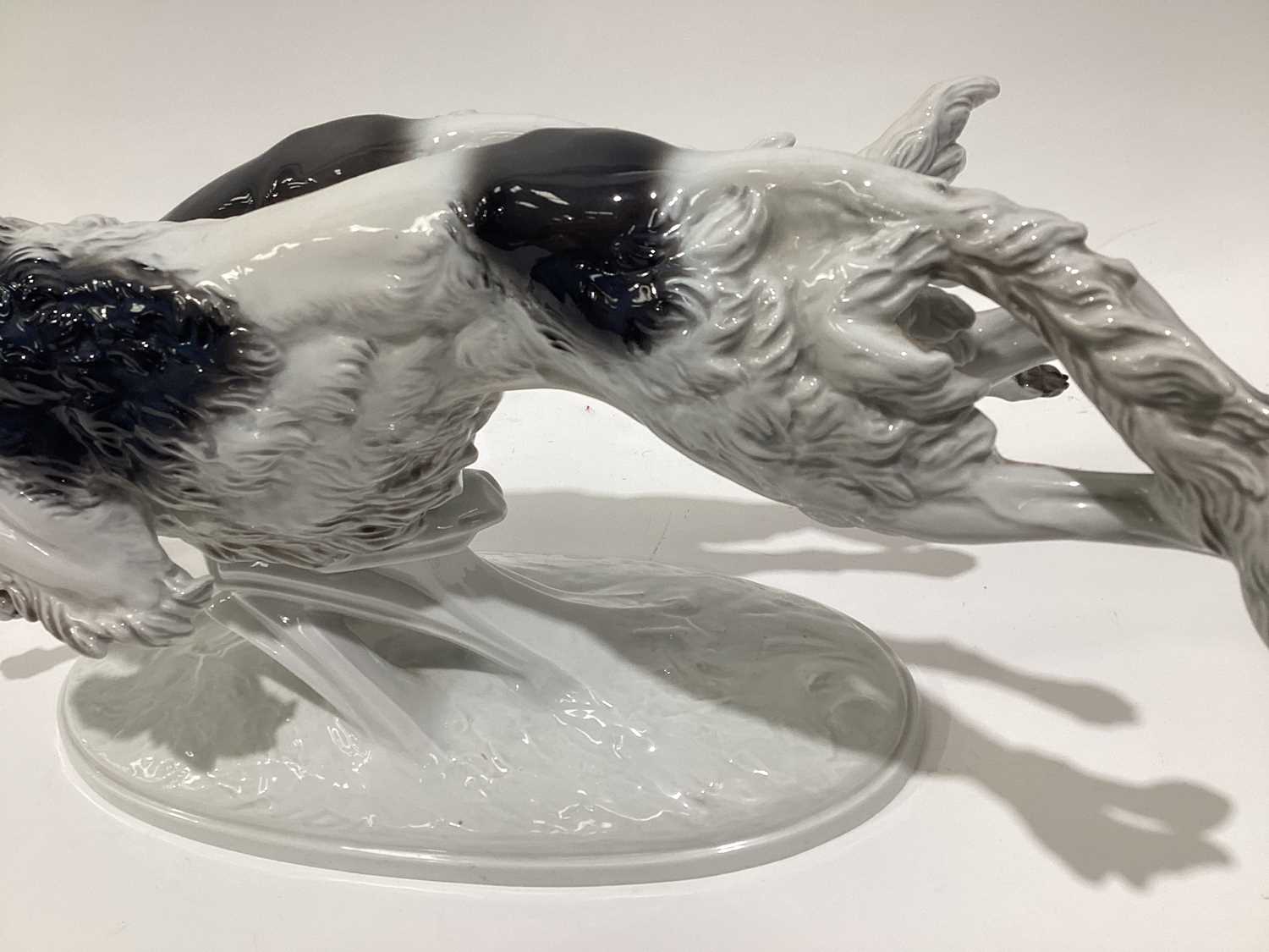 A Rosenthal porcelain figure of two Borzoi Wolfhounds racing, on an oval base, 61cm longWould benefi - Image 16 of 17