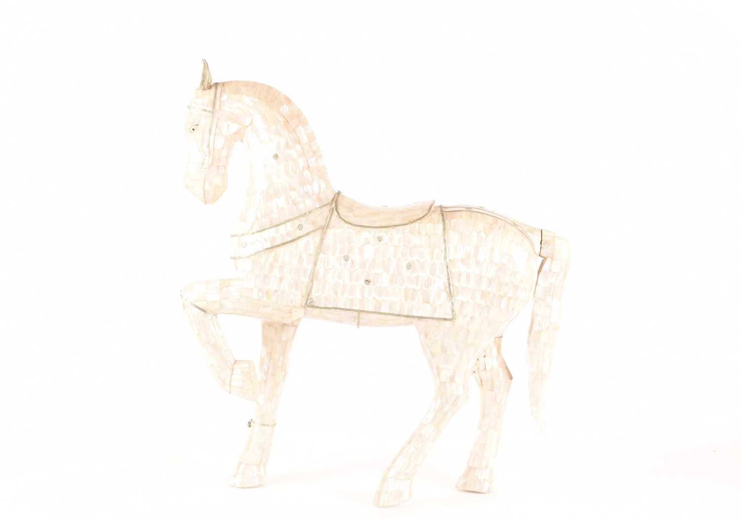 A large sculpture of a horse inlaid with mother-of-pearl, measures 64 cm highWear to decoration, chi - Image 2 of 9