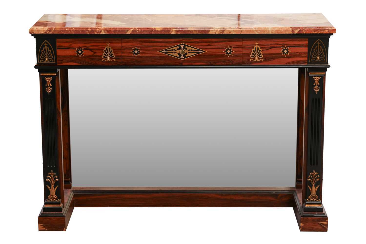 A 20th century French Empire style marble-topped brass marquetry inlaid zebrano side table, with a s