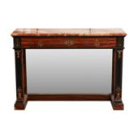 A 20th century French Empire style marble-topped brass marquetry inlaid zebrano side table, with a s
