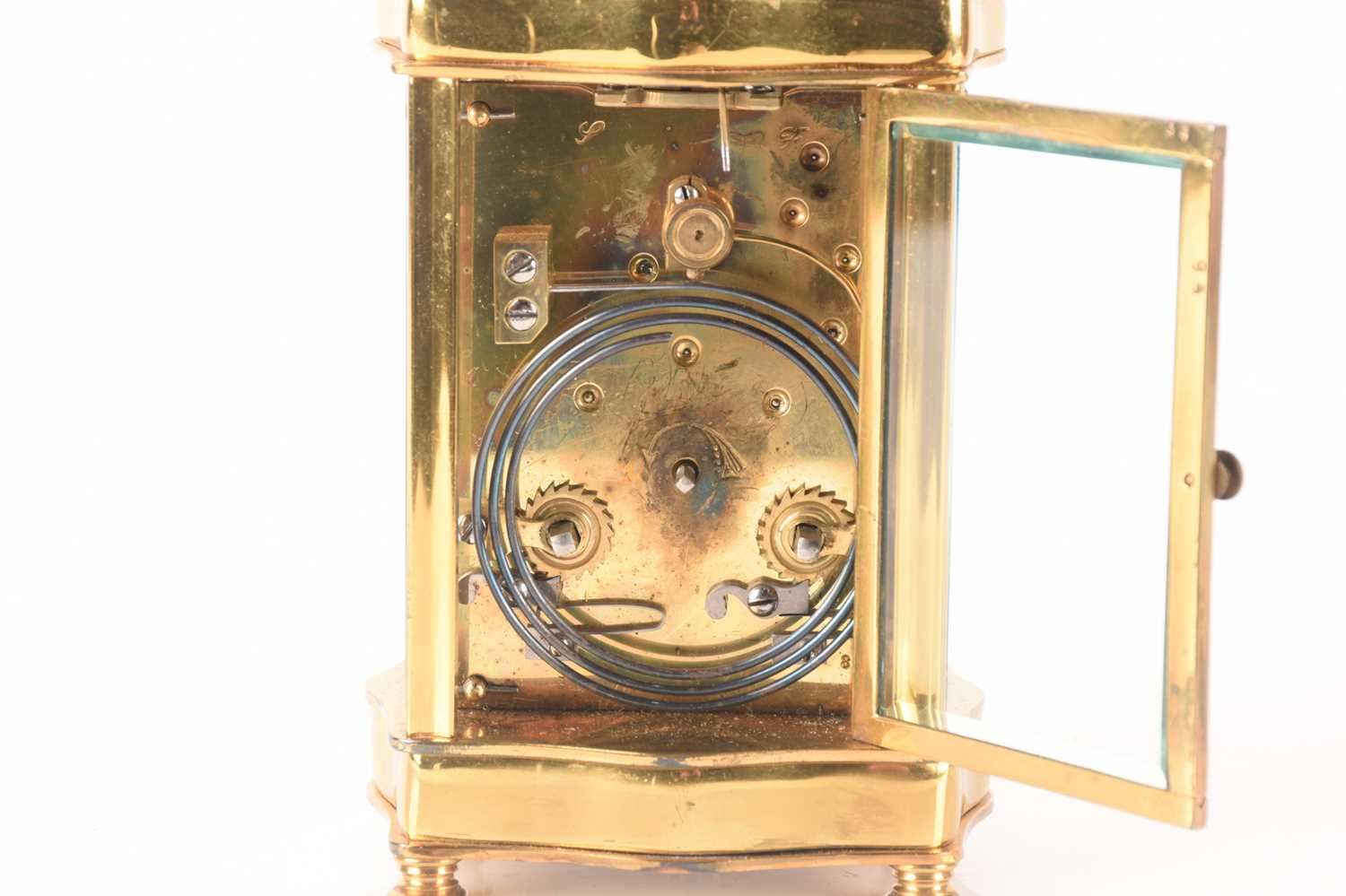 A French-style brass carriage clock with a serpentine corniche, repeating action and chiming on a go - Image 5 of 13