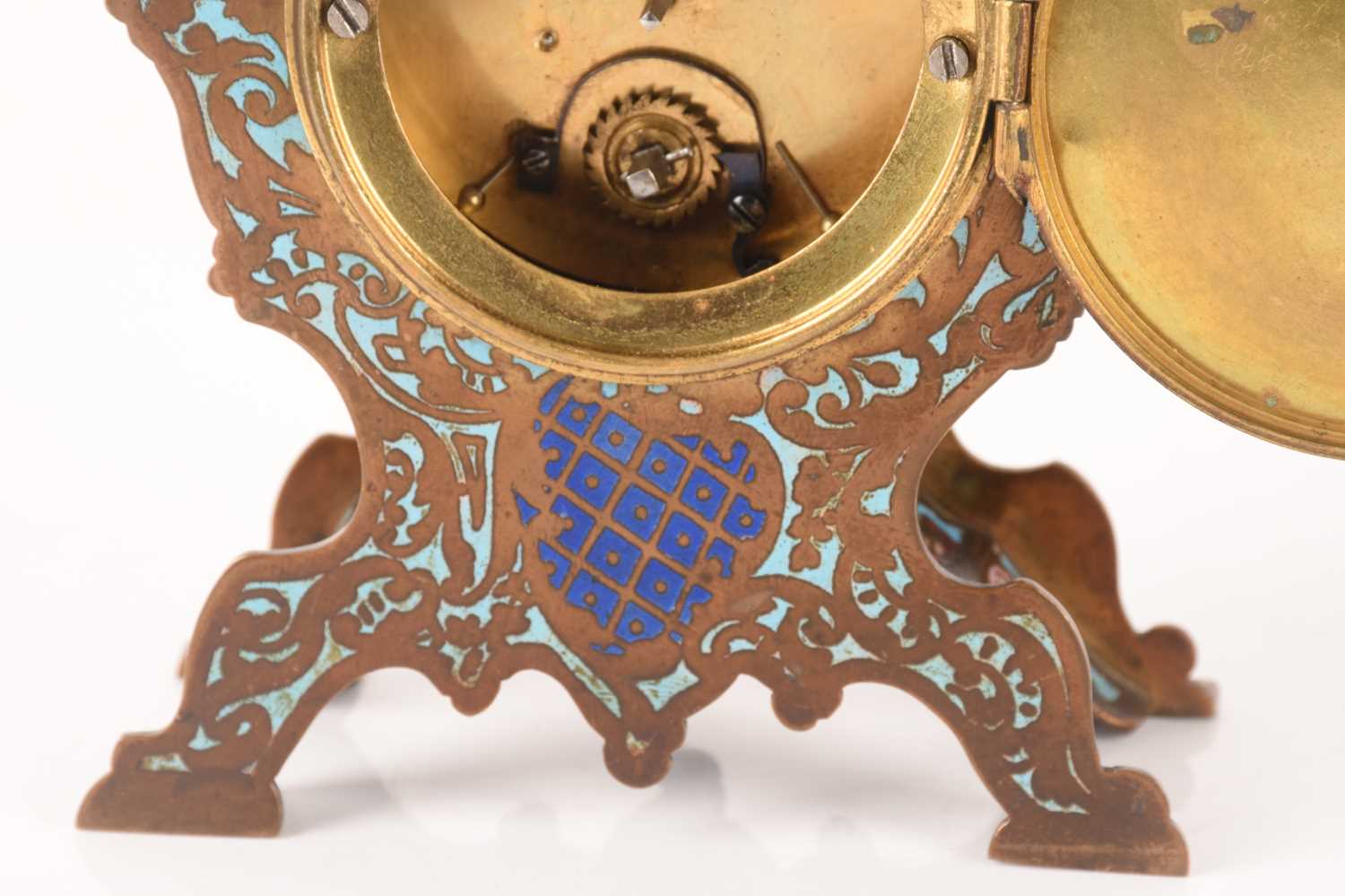 A late 19th-century French champléve enamel mantle clock with matching candlesticks, clock measures  - Image 10 of 16