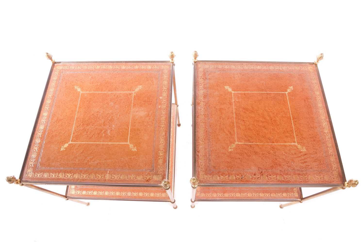 A pair of French mid-century étagères, two-tiered with tooled leather tops and fluted brass uprights - Image 4 of 23