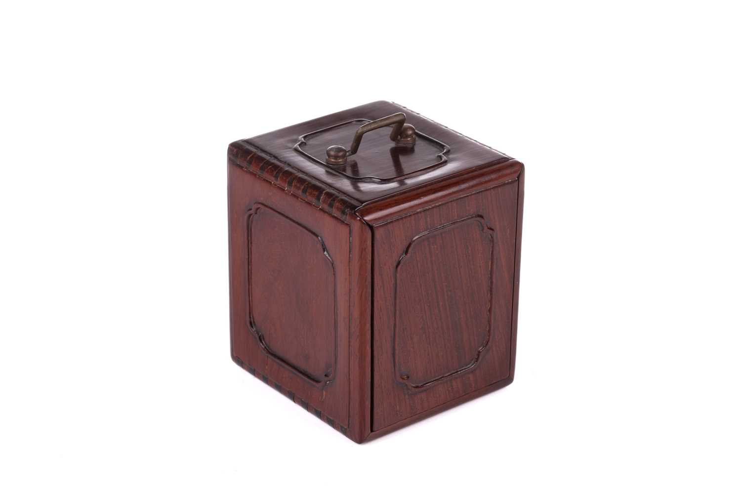 A Chinese HuangHuali tabletop scholar's box, with a folding bale handle, 20th century, the front wit