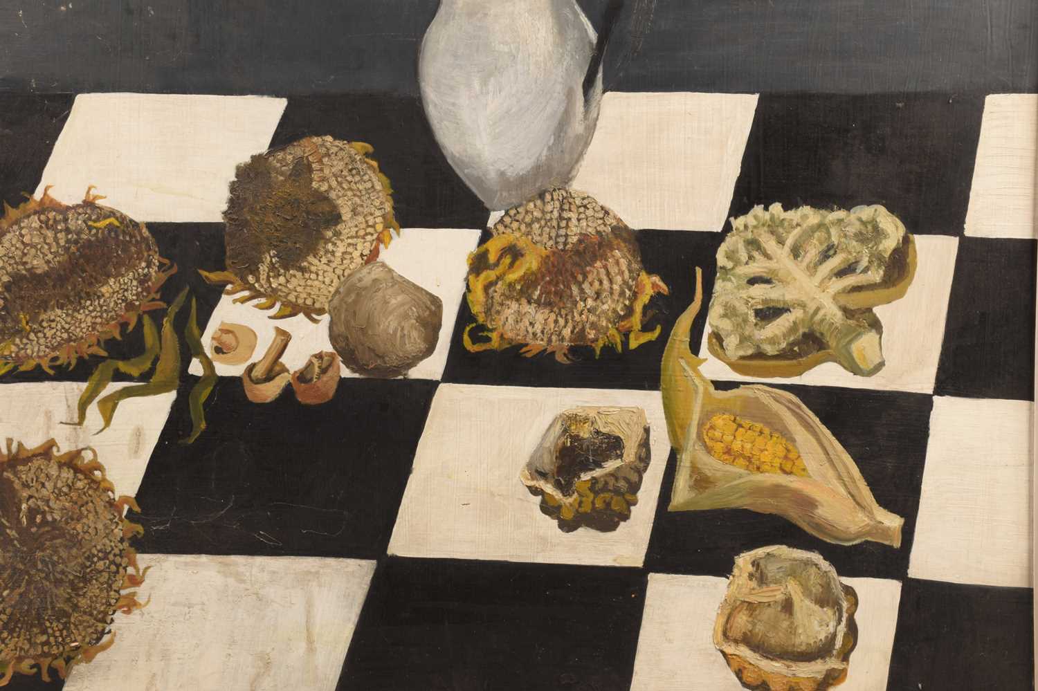 M.J. Bunzl (20th century), Still life with sunflower heads and vegetables, signed verso, oil on boar - Image 3 of 4