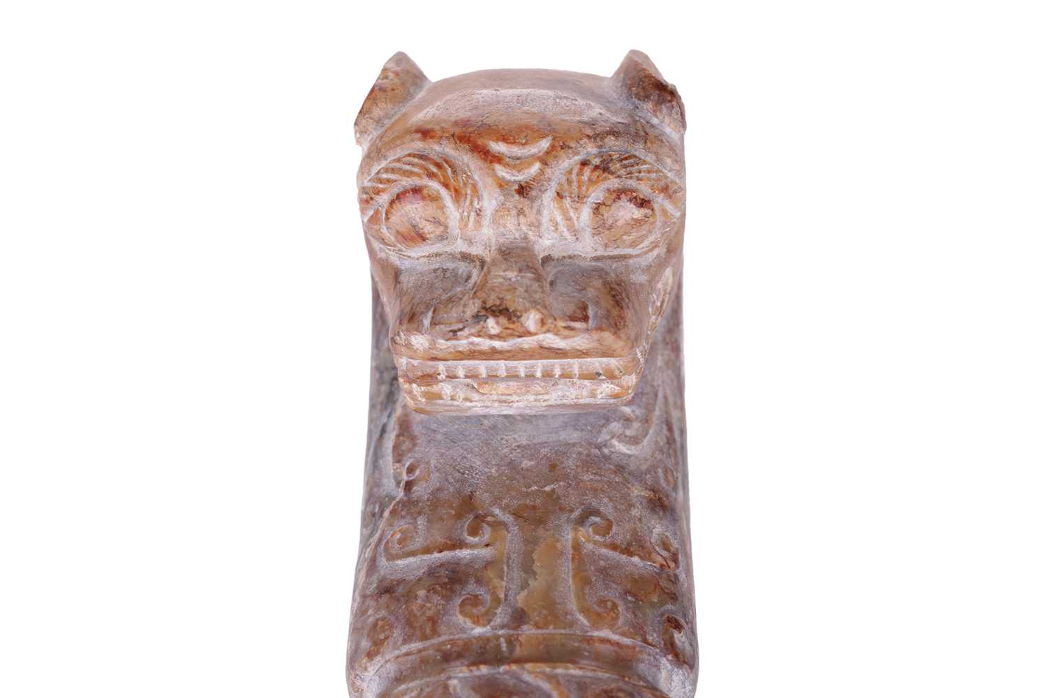 A large Chinese archaistic carved buff jade belt hook, considered to be pre-Tang Dynasty (see receip - Image 2 of 7