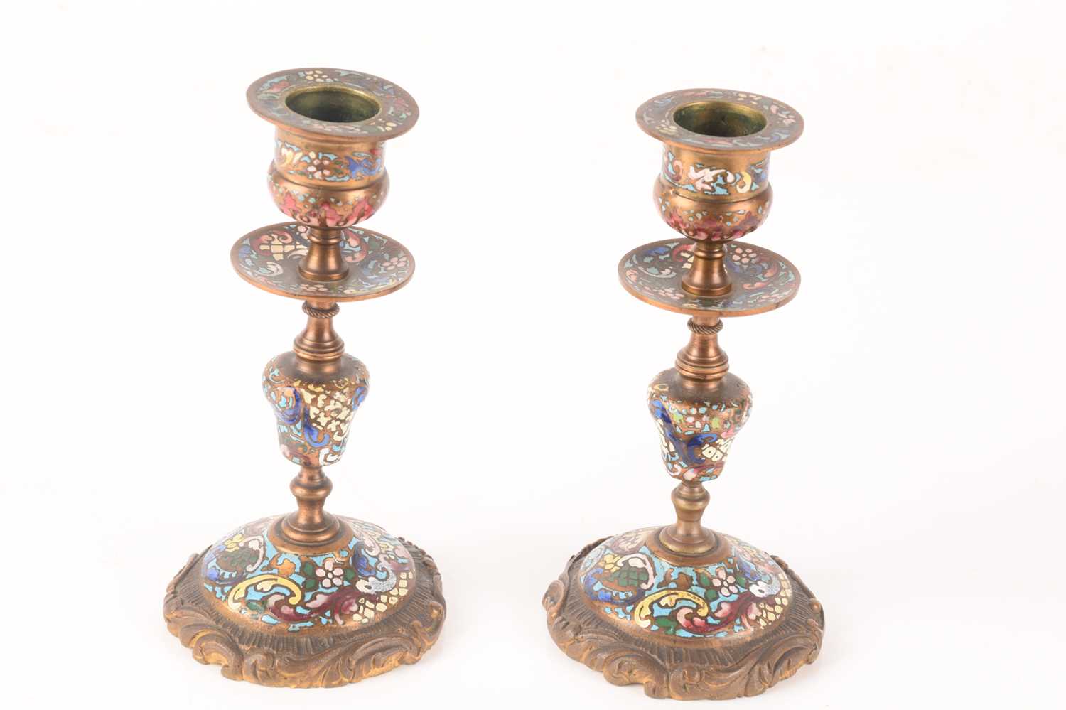 A late 19th-century French champléve enamel mantle clock with matching candlesticks, clock measures  - Image 13 of 16