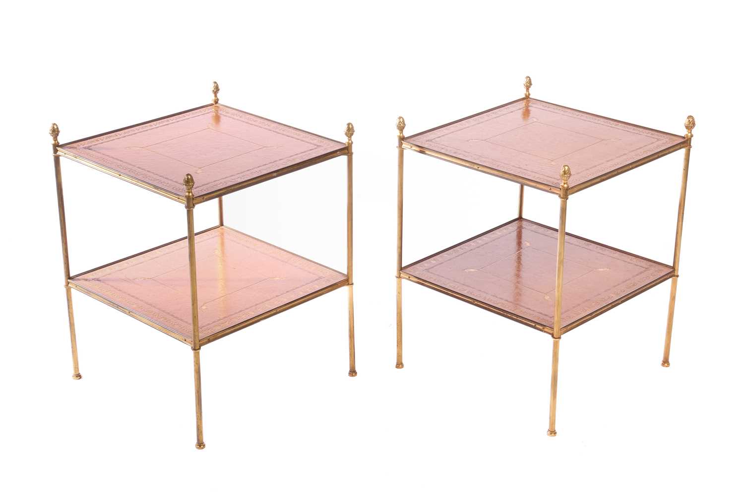 A pair of French mid-century étagères, two-tiered with tooled leather tops and fluted brass uprights - Image 2 of 23