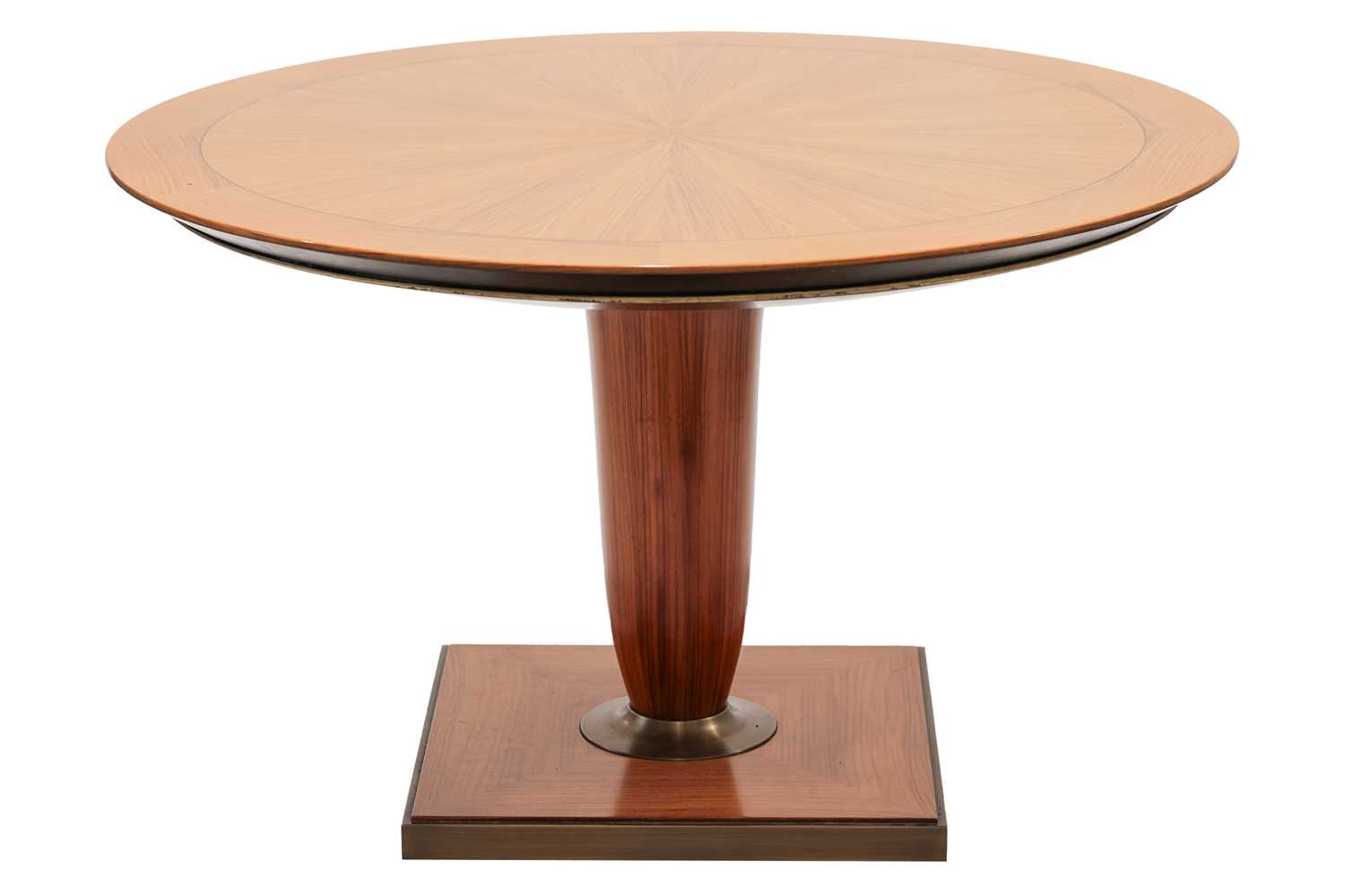 A 20th century Italian, circular tulip-wood effect breakfast table, with a segmented top, on a turne