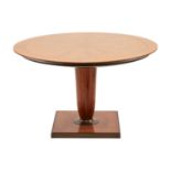 A 20th century Italian, circular tulip-wood effect breakfast table, with a segmented top, on a turne