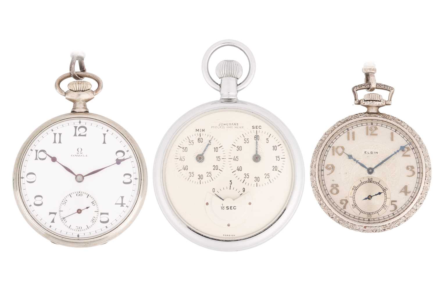 A collection includes an Omega pocket watch, Junghans stopwatch and an Elgin pocket watch. The open-